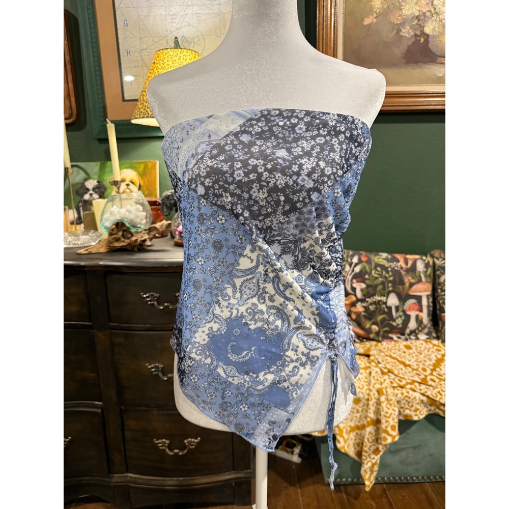 Almost Famous Blue Patchwork Floral Paisley‎ Strapless Tube Handkerchief Hem L